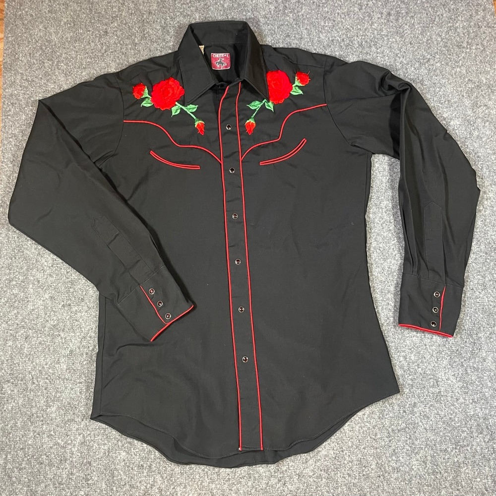 Vintage Chute 1 Western Black Pearl Snap Shirt Men's L Floral Embroidered Cowboy